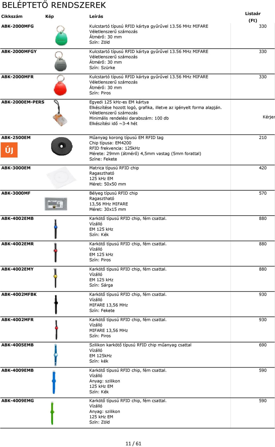 56 MHz MIFARE Véletlenszerű ű számozás á Átmérő: 30 mm Szín: Szürke Kulcstartó típusú RFID kártya gyűrűvel 13.