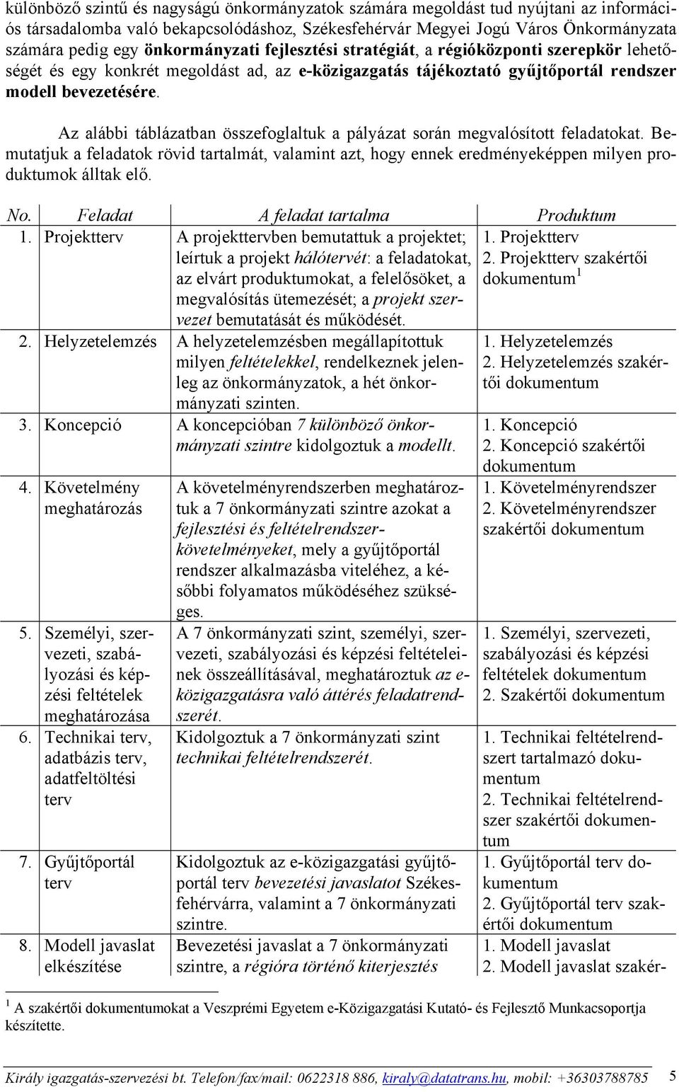 Az alábbi táblázatban összefoglaltuk a pályázat során megvalósított feladatokat. Bemutatjuk a feladatok rövid tartalmát, valamint azt, hogy ennek eredményeképpen milyen produktumok álltak elő. No.