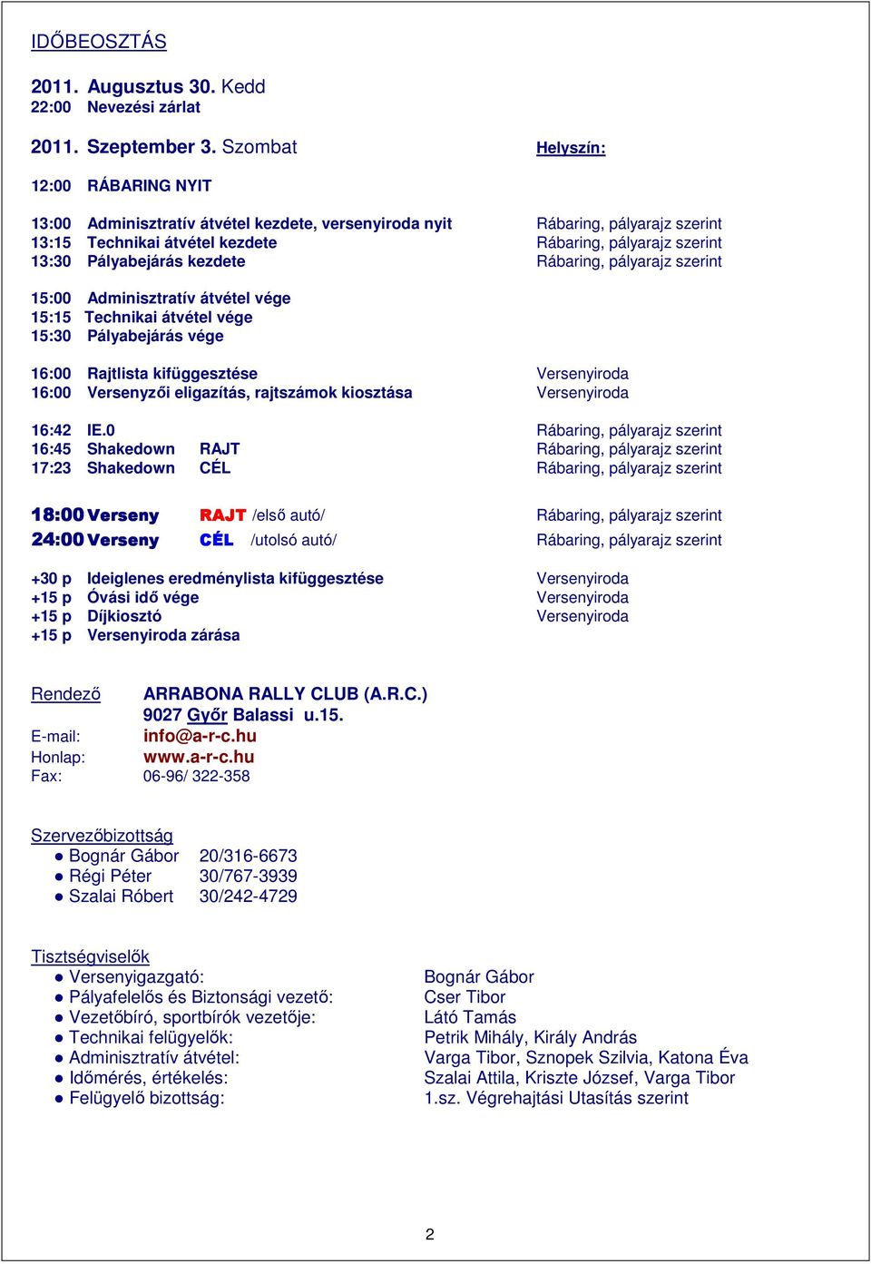 Pályabejárás kezdete Rábaring, pályarajz szerint 15:00 Adminisztratív átvétel vége 15:15 Technikai átvétel vége 15:30 Pályabejárás vége 16:00 Rajtlista kifüggesztése Versenyiroda 16:00 Versenyzői