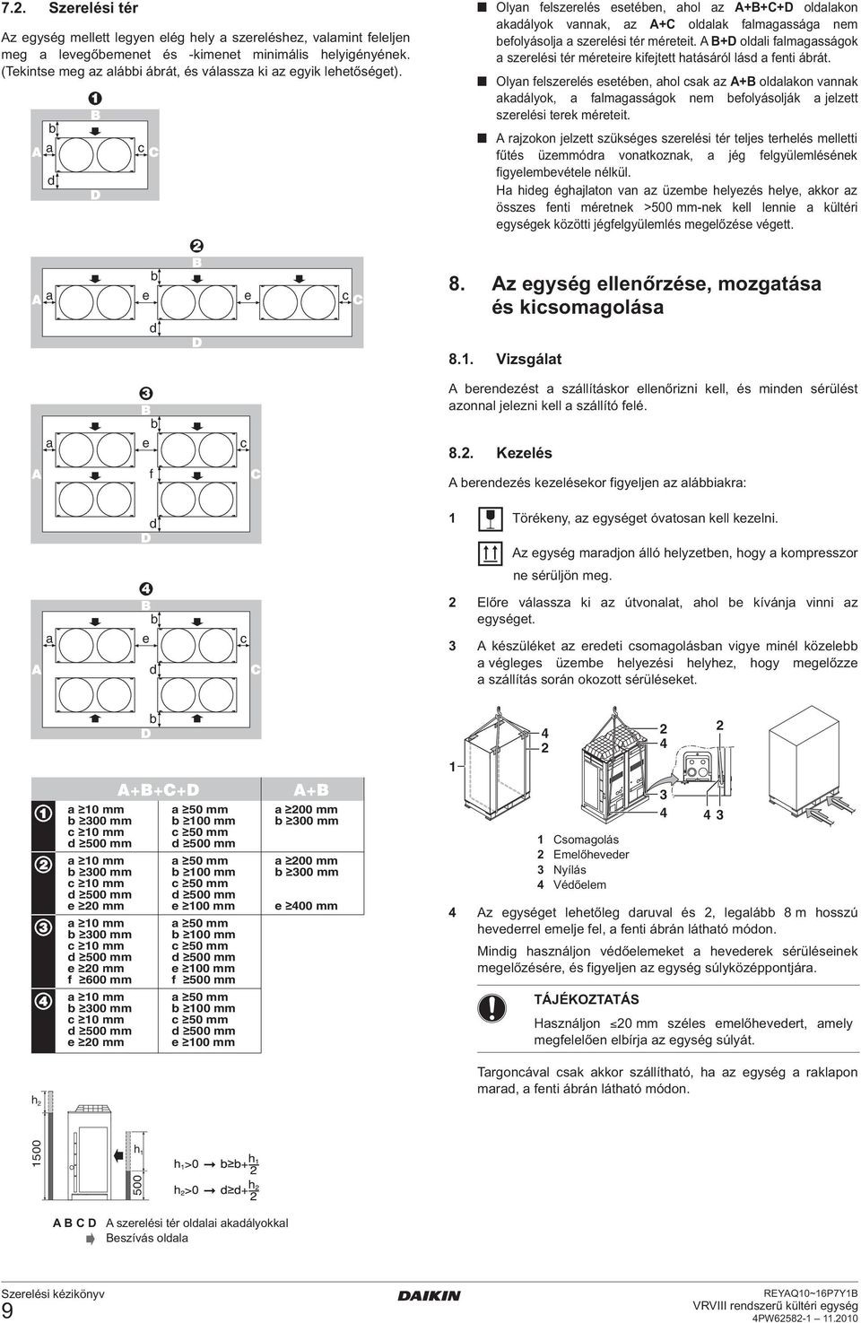 b a d c Olyan felszerelés esetében, ahol az A+B+C+D oldalakon akadályok vannak, az A+C oldalak falmagassága nem befolyásolja a szerelési tér méreteit.
