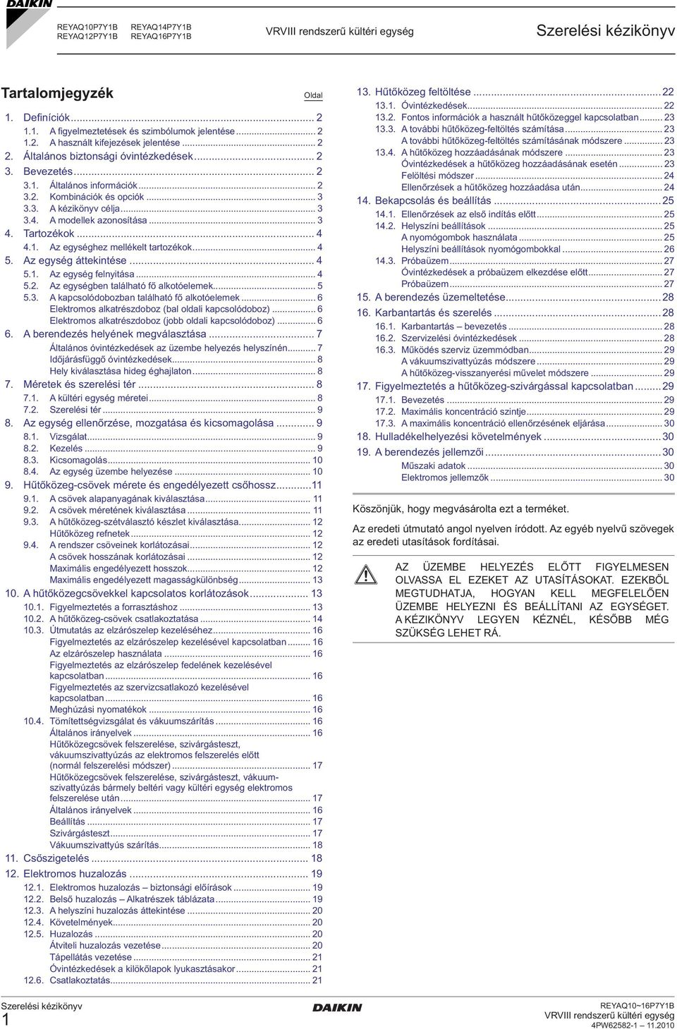 .... Az egység felnyitása..... Az egységben található fő alkotóelemek..... A kapcsolódobozban található fő alkotóelemek... 6 Elektromos alkatrészdoboz (bal oldali kapcsolódoboz).