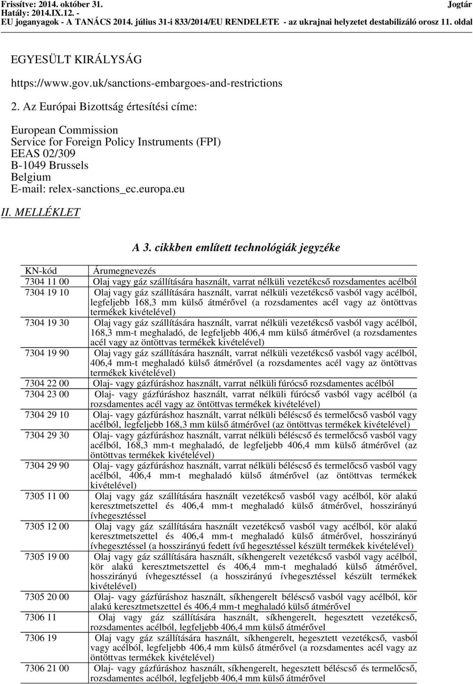 Az Európai Bizottság értesítési címe: European Commission Service for Foreign Policy Instruments (FPI) EEAS 02/309 B-1049 Brussels Belgium E-mail: relex-sanctions_ec.europa.eu II. MELLÉKLET A 3.