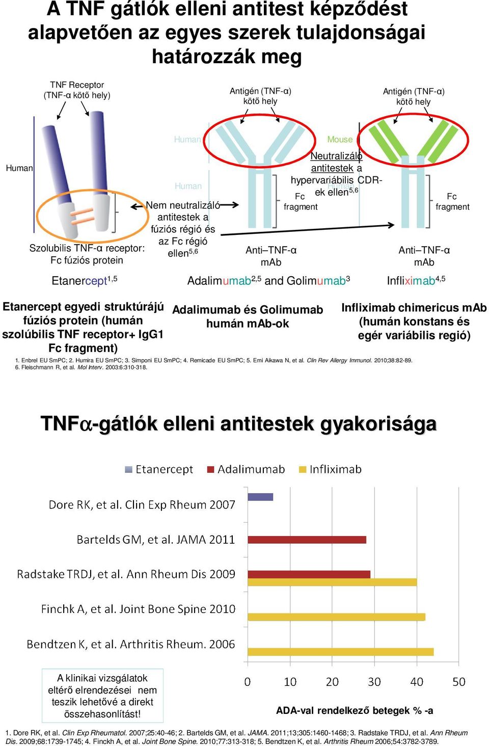 és az Fc régió ellen 5,6 Anti TNF-α mab Mouse Neutralizáló antitestek a hypervariábilis CDRek ellen 5,6 Human Fc fragment Adalimumab 2,5 and Golimumab 3 Adalimumab és Golimumab humán mab-ok 1.