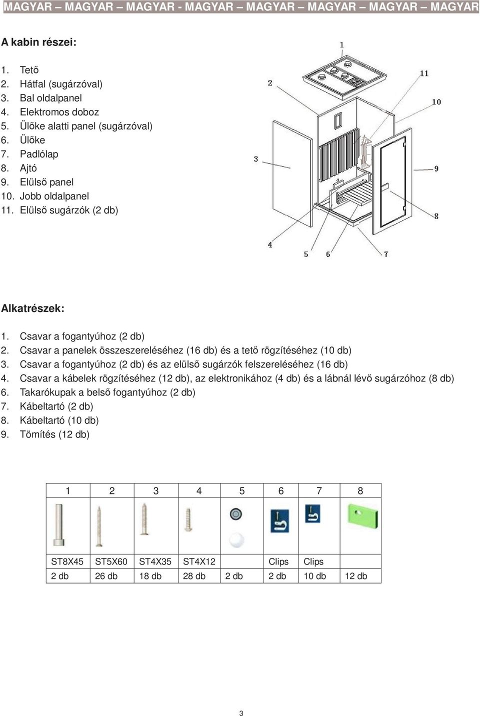 Csavar a fogantyúhoz (2 db) és az elülsı sugárzók felszereléséhez (16 db) 4. Csavar a kábelek rögzítéséhez (12 db), az elektronikához (4 db) és a lábnál lévı sugárzóhoz (8 db) 6.