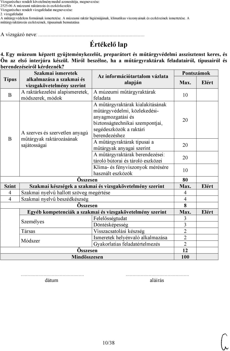 Típus Szakmai ismeretek alkalmazása a szakmai és vizsgakövetelmény szerint Az információtartalom vázlata alapján Pontszámok Max.