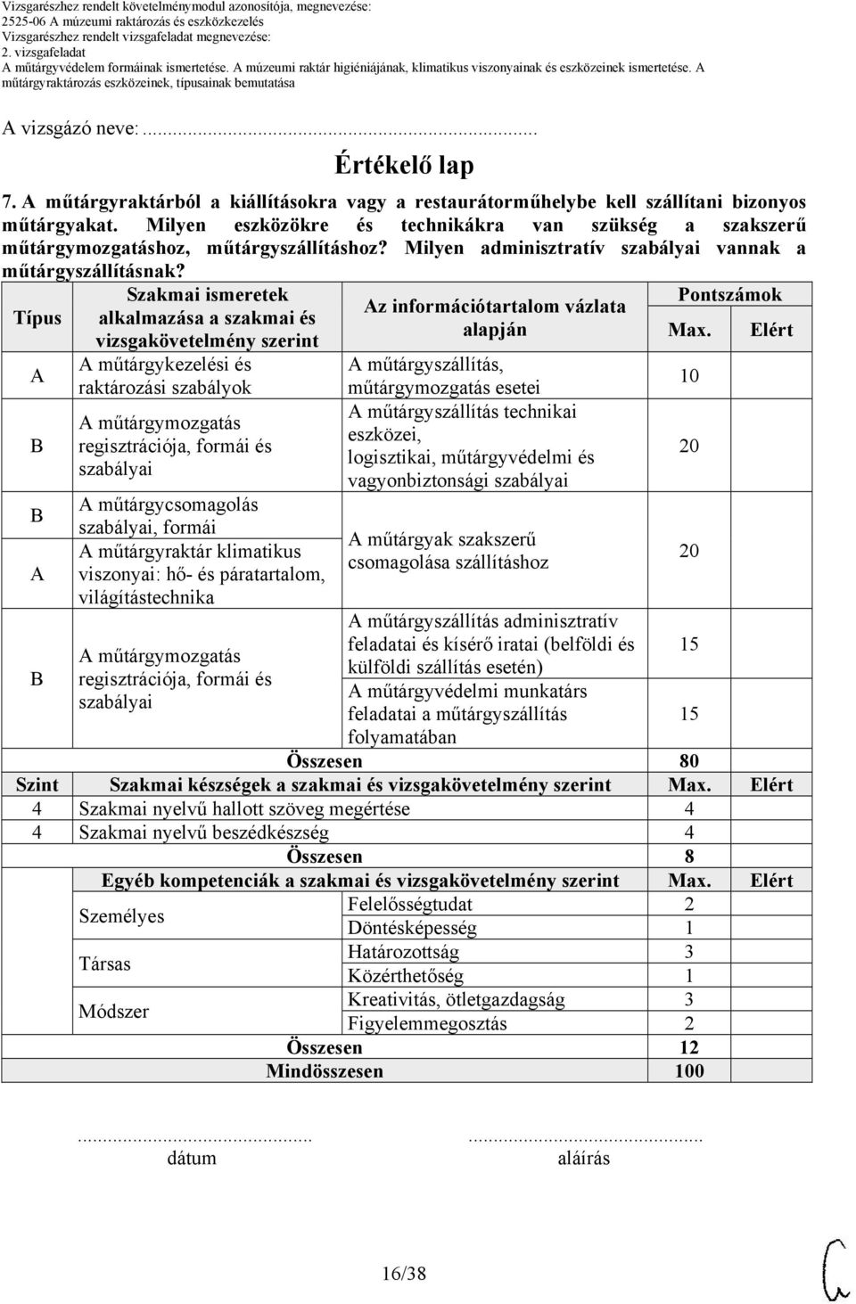 Típus A B B A B Szakmai ismeretek alkalmazása a szakmai és vizsgakövetelmény szerint A műtárgykezelési és raktározási szabályok A műtárgymozgatás regisztrációja, formái és szabályai A