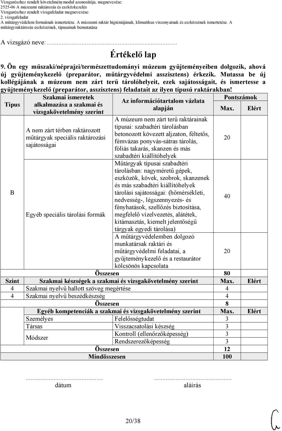 Típus B Szakmai ismeretek alkalmazása a szakmai és vizsgakövetelmény szerint A nem zárt térben raktározott műtárgyak speciális raktározási sajátosságai Egyéb speciális tárolási formák Az