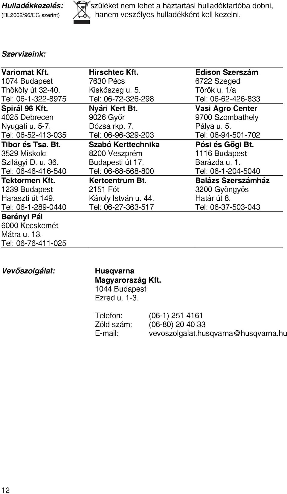 Tel: 06-1-289-0440 Berényi Pál 6000 Kecskemét Mátra u. 13. Tel: 06-76-411-025 Hirschtec Kft. 7630 Pécs Kiskőszeg u. 5. Tel: 06-72-326-298 Nyári Kert Bt. 9026 Győr Dózsa rkp. 7. Tel: 06-96-329-203 Szabó Kerttechnika 8200 Veszprém Budapesti út 17.