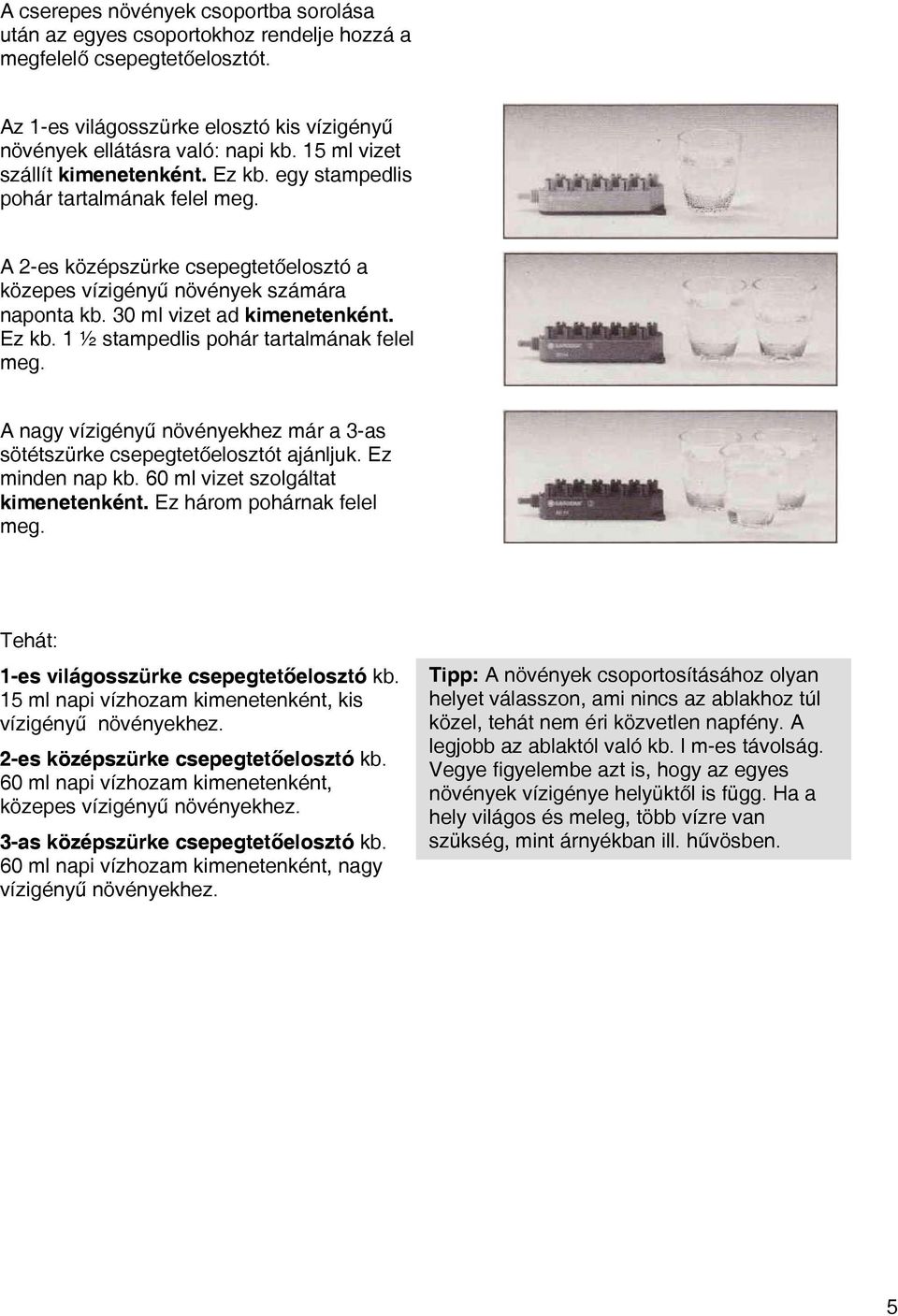 30 ml vizet ad kimenetenként. Ez kb. 1 ½ stampedlis pohár tartalmának felel meg. A nagy vízigényű növényekhez már a 3-as sötétszürke csepegtetőelosztót ajánljuk. Ez minden nap kb.