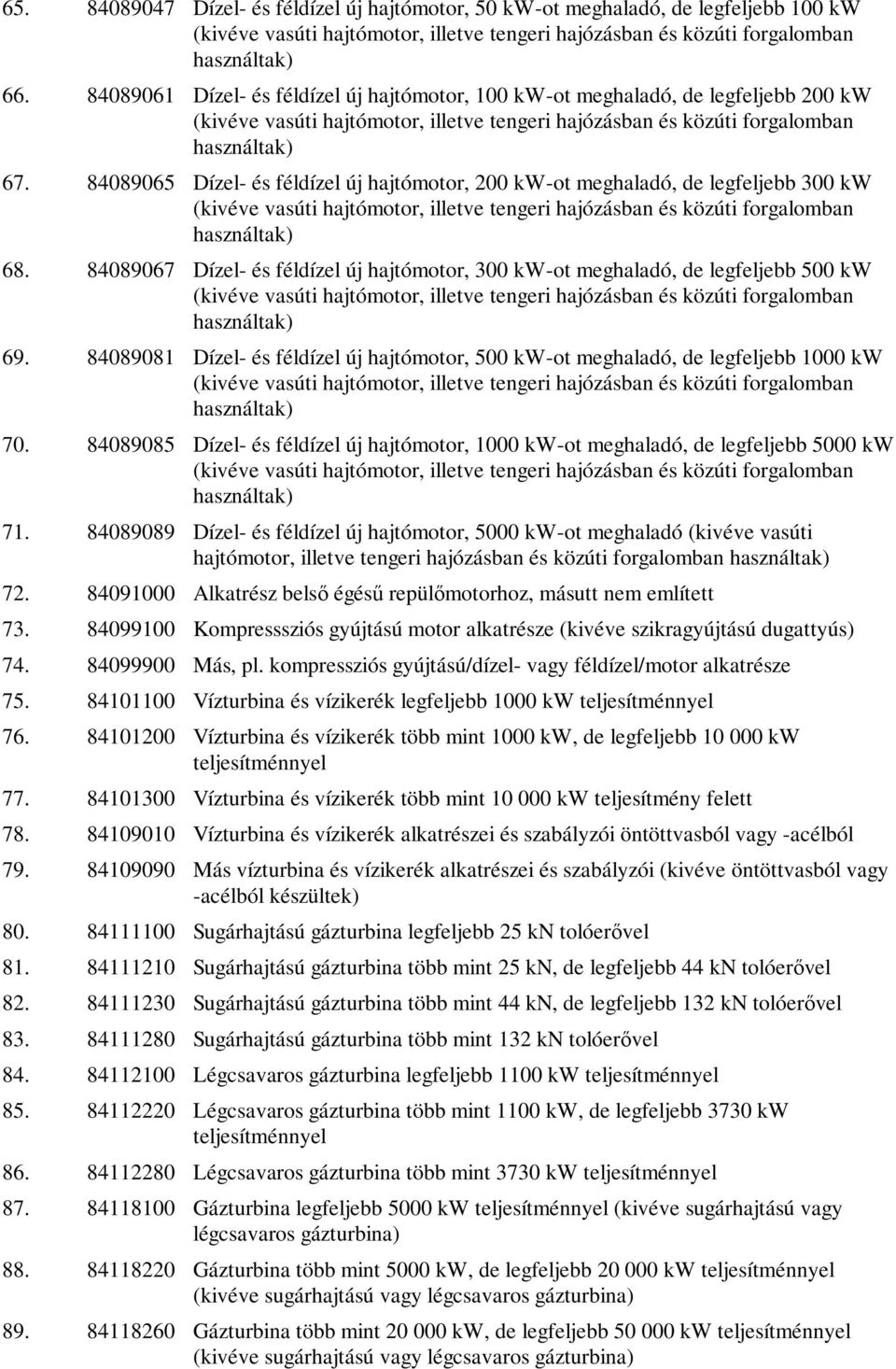 84089081 Dízel- és féldízel új hajtómotor, 500 kw-ot meghaladó, de legfeljebb 1000 kw 70. 84089085 Dízel- és féldízel új hajtómotor, 1000 kw-ot meghaladó, de legfeljebb 5000 kw 71.