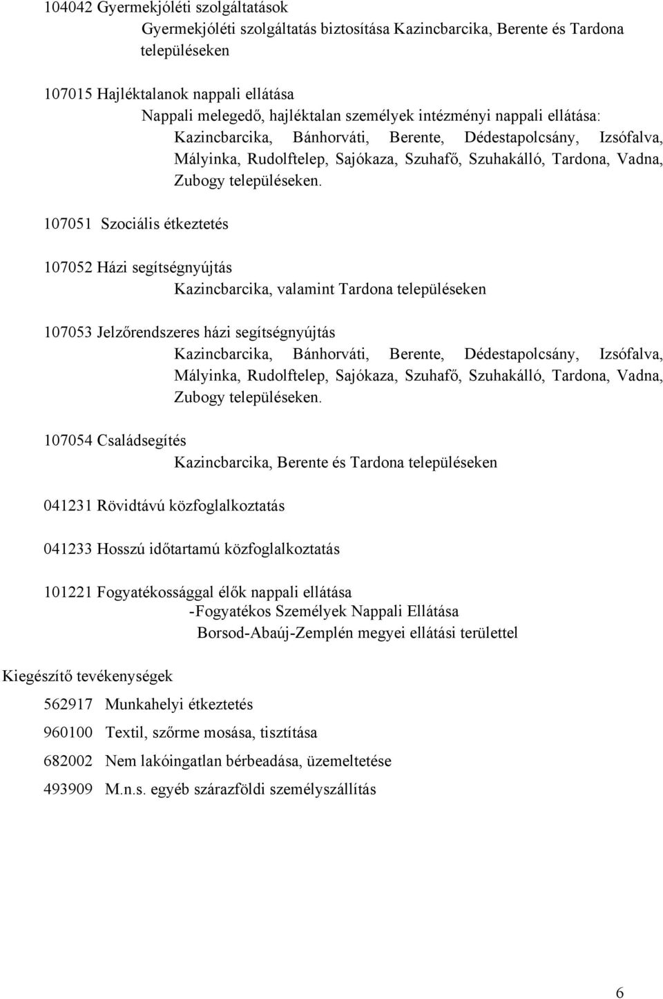 107051 Szociális étkeztetés 107052 Házi segítségnyújtás Kazincbarcika, valamint Tardona településeken 107053 Jelzőrendszeres házi segítségnyújtás Kazincbarcika, Bánhorváti, Berente, Dédestapolcsány,