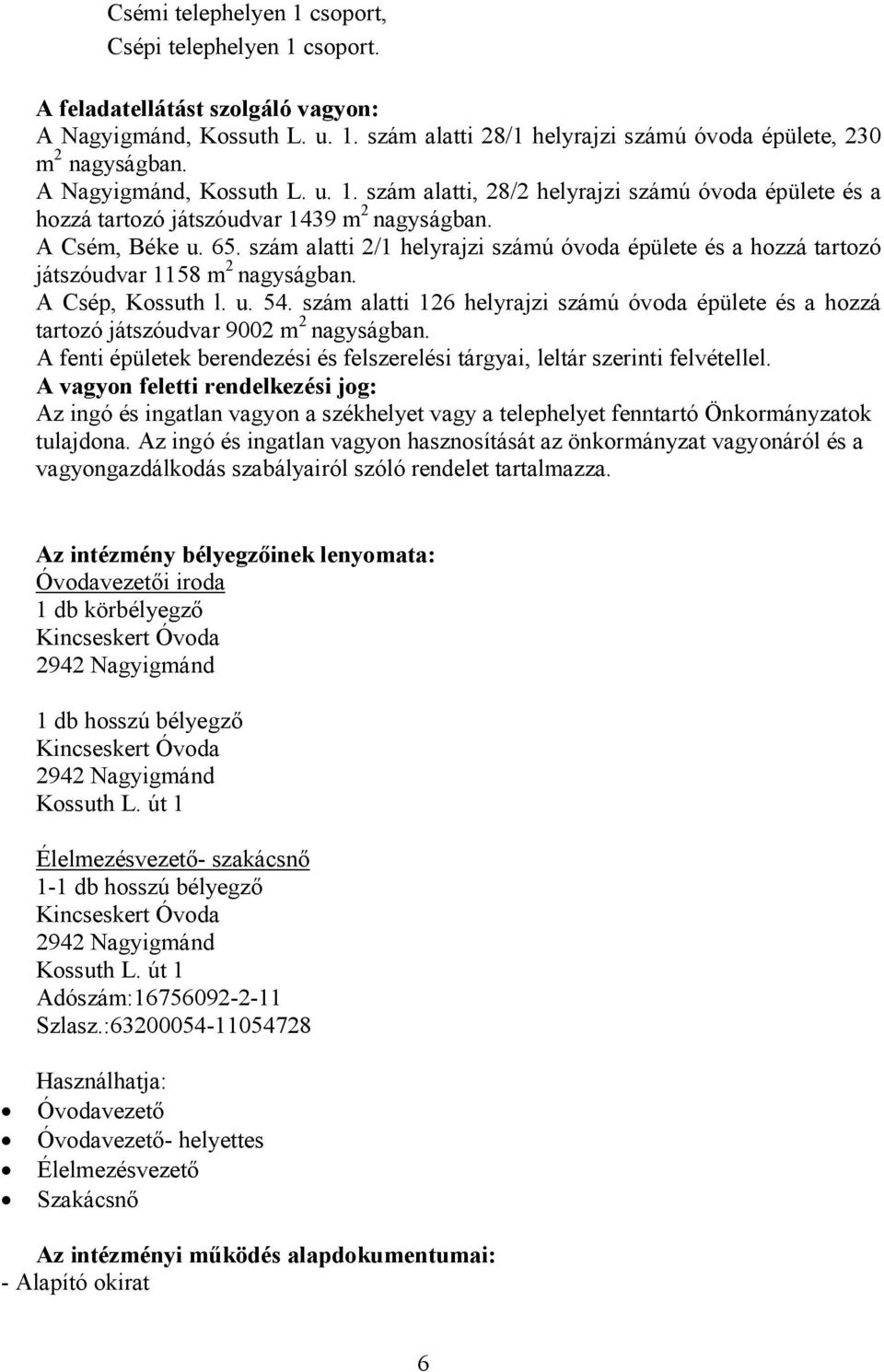 szám alatti 2/1 helyrajzi számú óvoda épülete és a hozzá tartozó játszóudvar 1158 m 2 nagyságban. A Csép, Kossuth l. u. 54.