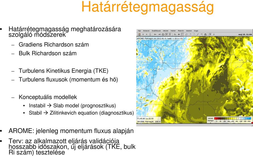 Instabil Slab model (prognosztikus) Stabil Zilitinkevich equation (diagnosztikus) AROME: jelenleg momentum