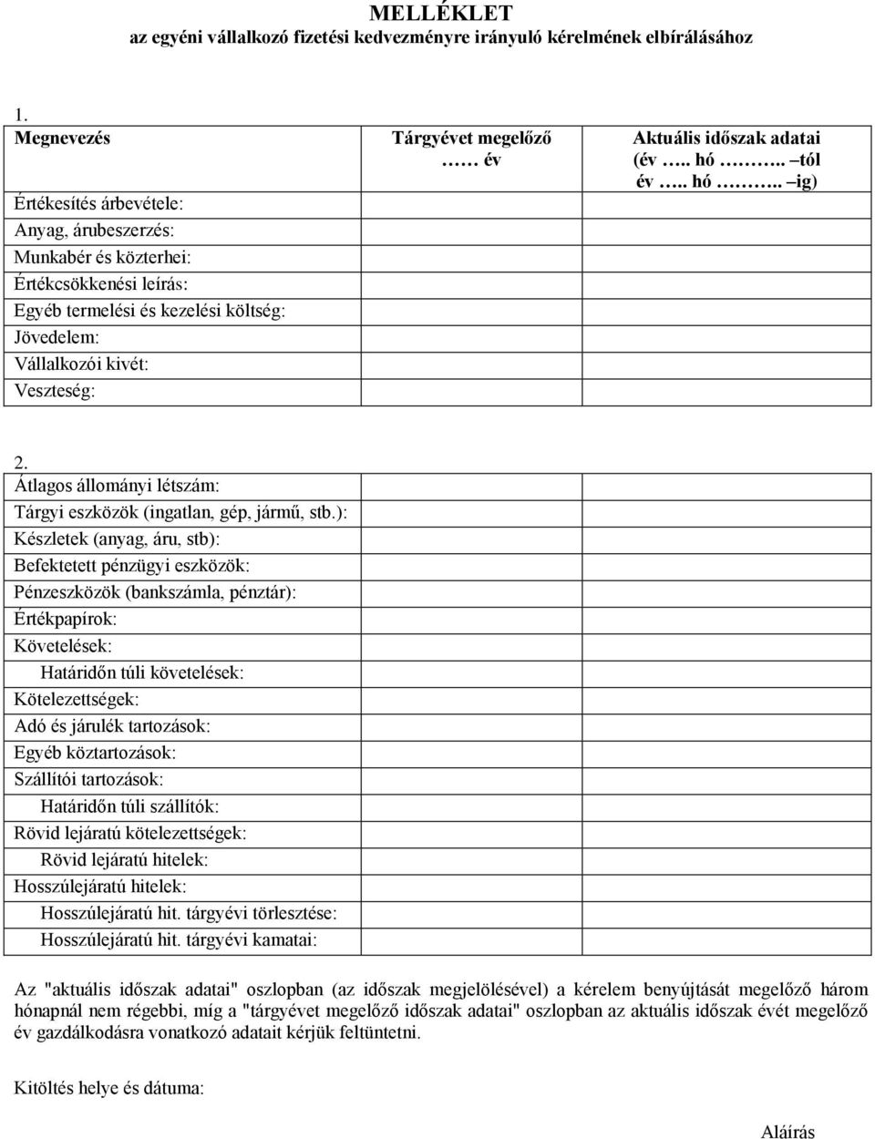 év Aktuális időszak adatai (év.. hó.. tól év.. hó.. ig) 2. Átlagos állományi létszám: Tárgyi eszközök (ingatlan, gép, jármű, stb.