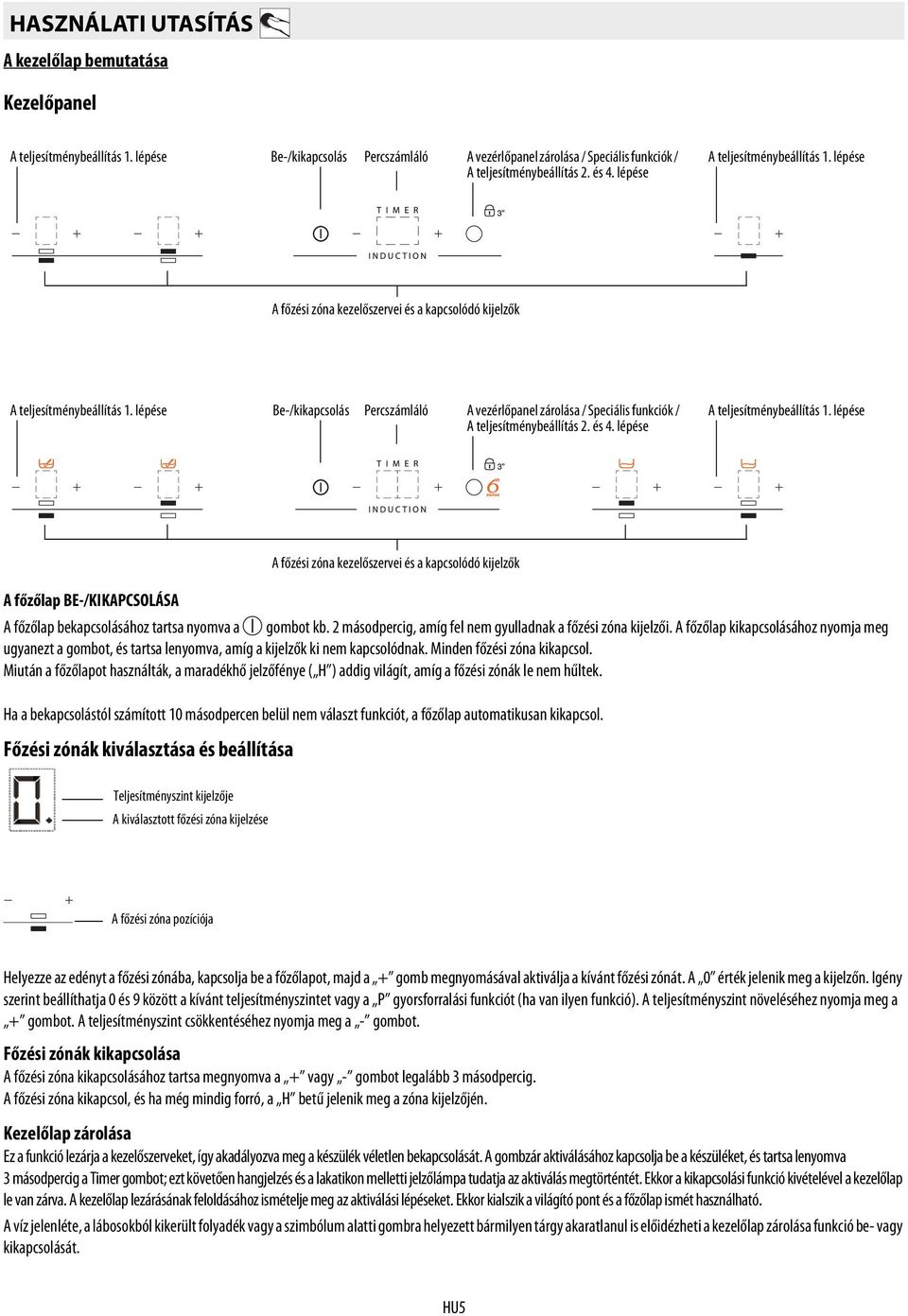lépése Be-/kikapcsolás Percszámláló A vezérlőpanel zárolása / Speciális funkciók / A teljesítménybeállítás 2. és 4. lépése A teljesítménybeállítás 1.