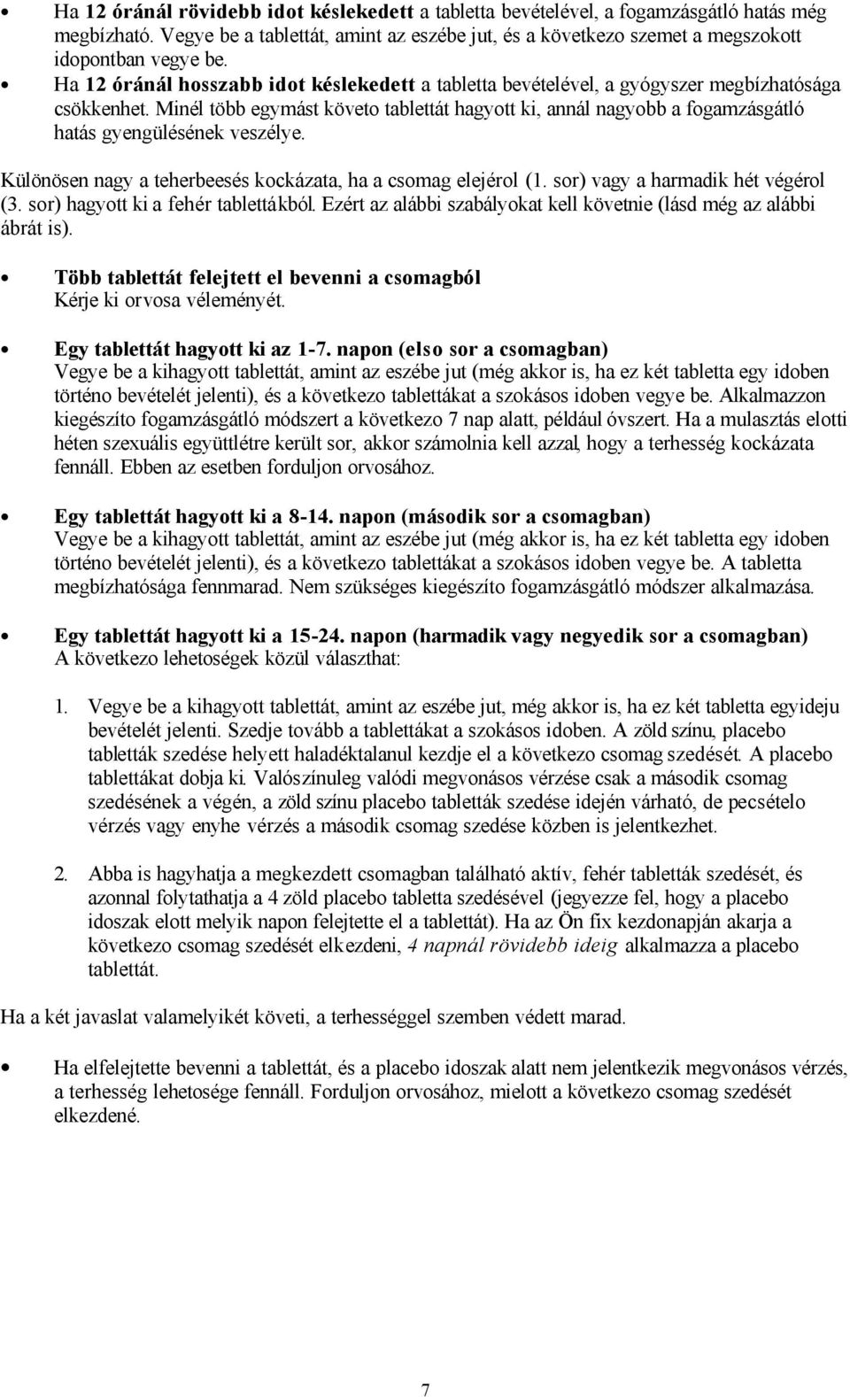 Minél több egymást követo tablettát hagyott ki, annál nagyobb a fogamzásgátló hatás gyengülésének veszélye. Különösen nagy a teherbeesés kockázata, ha a csomag elejérol (1.