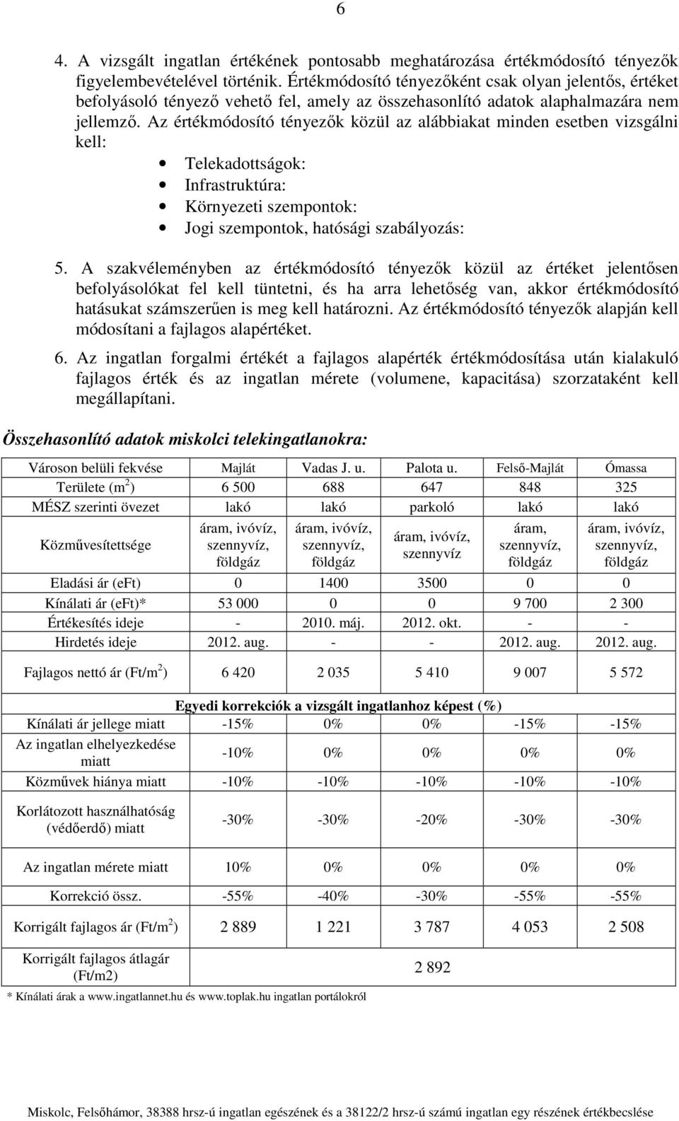 Az értékmódosító tényezők közül az alábbiakat minden esetben vizsgálni kell: Telekadottságok: Infrastruktúra: Környezeti szempontok: Jogi szempontok, hatósági szabályozás: 5.