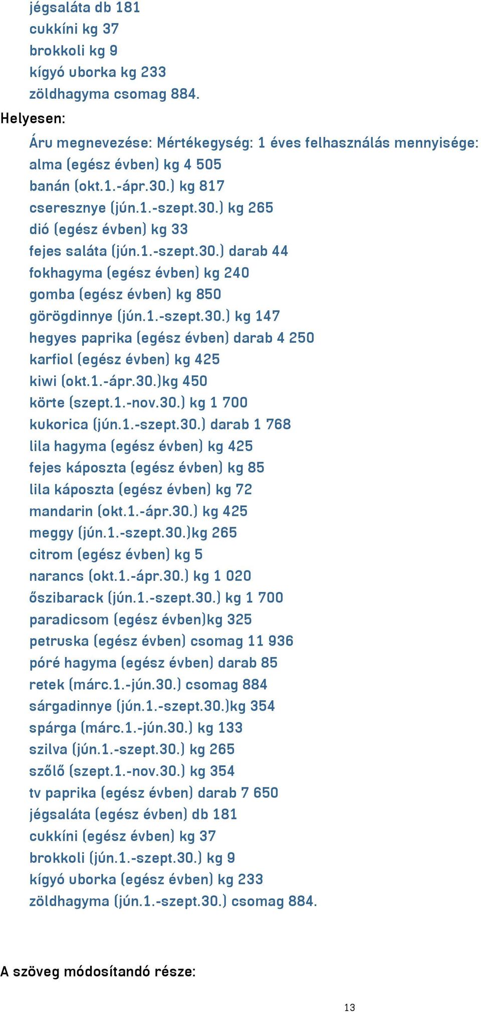 1.-ápr.30.)kg 450 körte (szept.1.-nov.30.) kg 1 700 kukorica (jún.1.-szept.30.) darab 1 768 lila hagyma (egész évben) kg 425 fejes káposzta (egész évben) kg 85 lila káposzta (egész évben) kg 72 mandarin (okt.