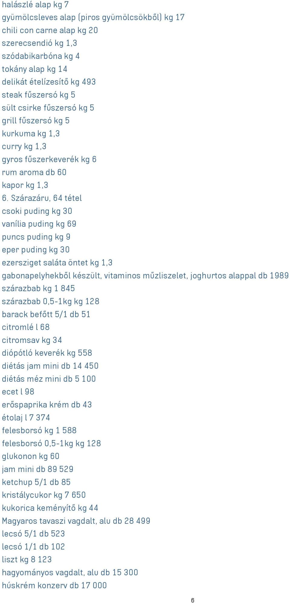 Szárazáru, 64 tétel csoki puding kg 30 vanília puding kg 69 puncs puding kg 9 eper puding kg 30 ezersziget saláta öntet kg 1,3 gabonapelyhekből készült, vitaminos műzliszelet, joghurtos alappal db