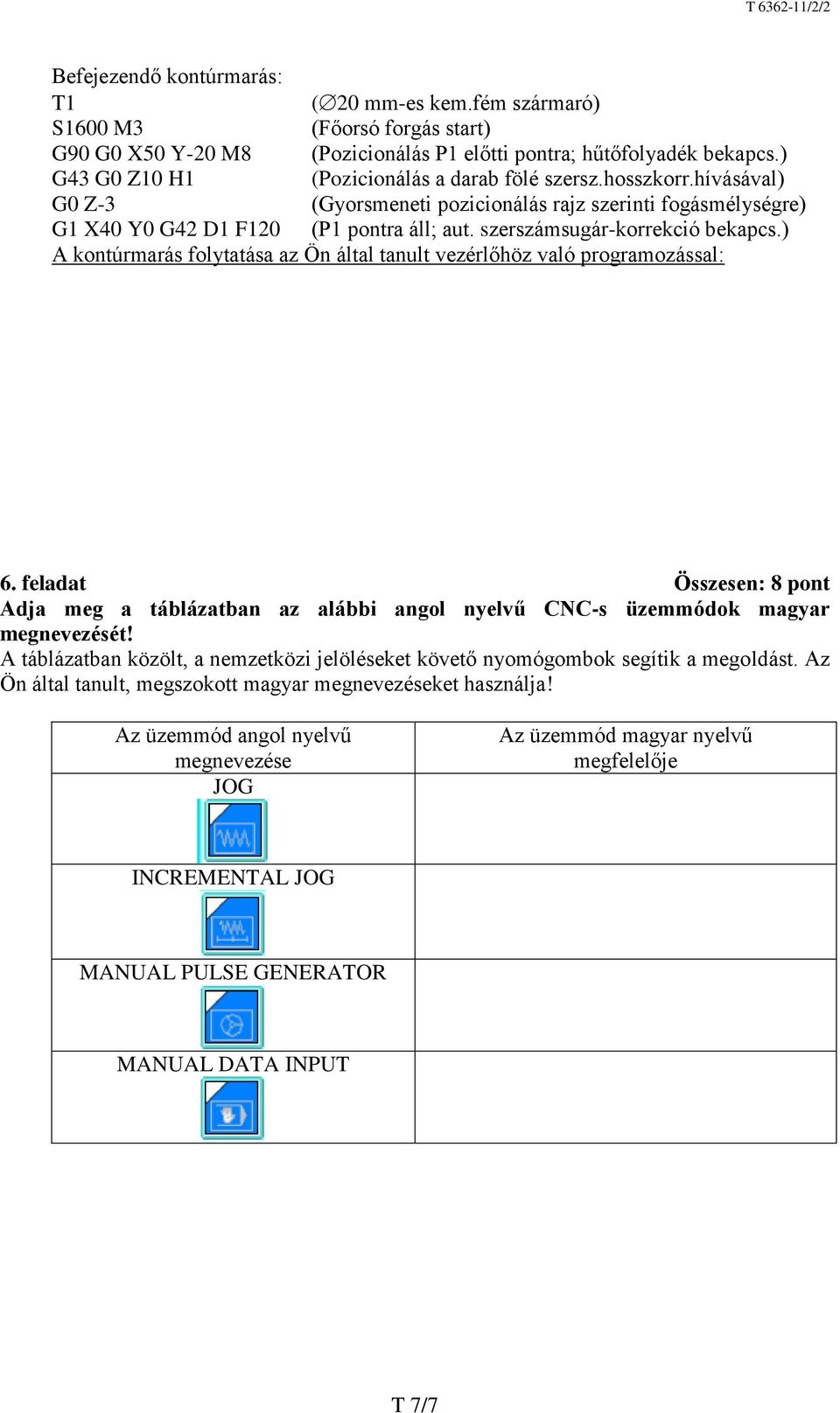 szerszámsugár-korrekció bekapcs.) A kontúrmarás folytatása az Ön által tanult vezérlőhöz való programozással: 6.