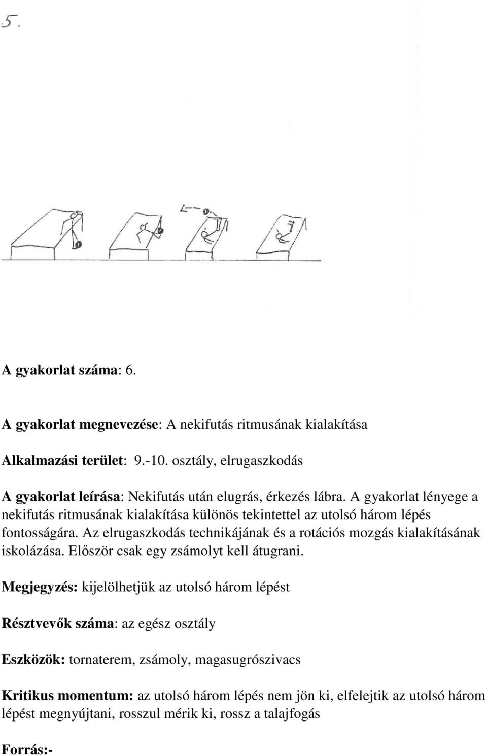 A gyakorlat lényege a nekifutás ritmusának kialakítása különös tekintettel az utolsó három lépés fontosságára.