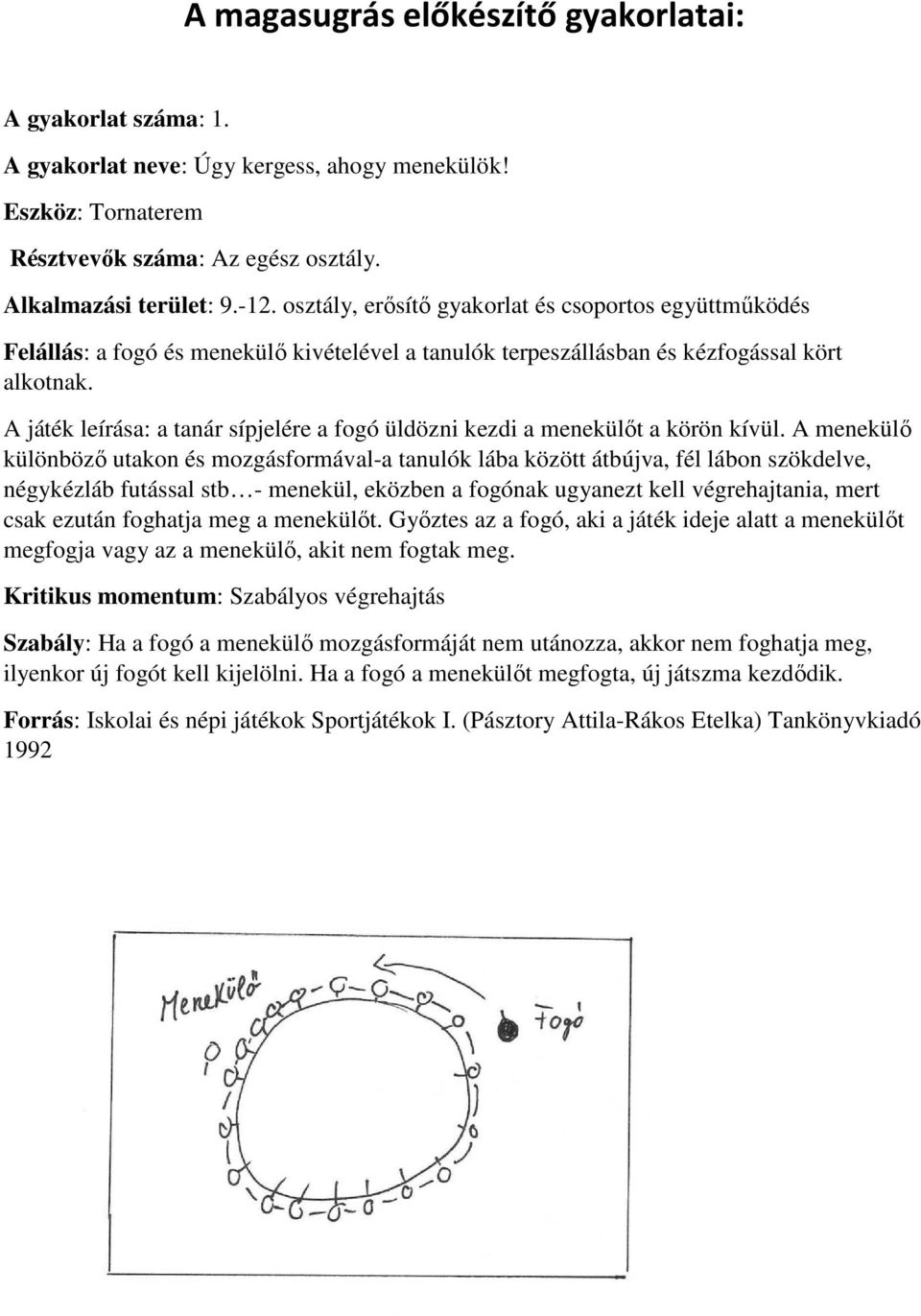 A játék leírása: a tanár sípjelére a fogó üldözni kezdi a menekülőt a körön kívül.