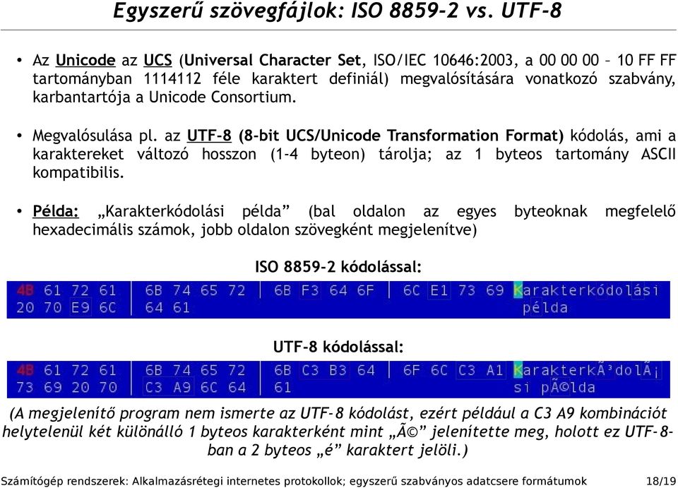 Consortium. Megvalósulása pl. az UTF-8 (8-bit UCS/Unicode Transformation Format) kódolás, ami a karaktereket változó hosszon (1-4 byteon) tárolja; az 1 byteos tartomány ASCII kompatibilis.