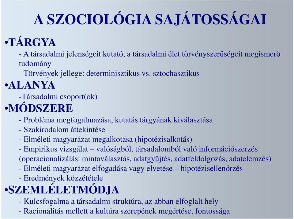 (hipotézisalkotás) - Empirikus vizsgálat valóságból, társadalomból való információszerzés (operacionalizálás: mintaválasztás, adatgyűjtés, adatfeldolgozás, adatelemzés) - Elméleti