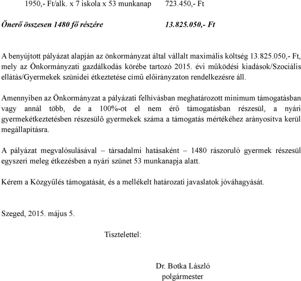 Amennyiben az Önkormányzat a pályázati felhívásban meghatározott minimum támogatásban vagy annál több, de a 100%-ot el nem érő támogatásban részesül, a nyári gyermekétkeztetésben részesülő gyermekek