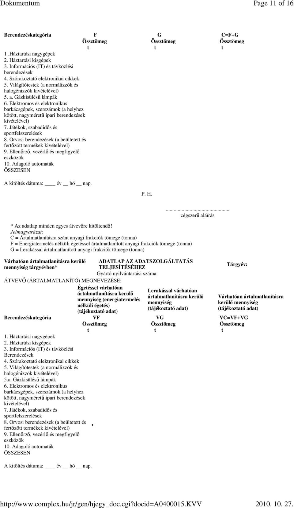 Jelmagyarázat: C = Ártalmatlanításra szánt anyagi frakciók tömege (tonna) F = Energiatermelés nélküli égetéssel ártalmatlanított anyagi frakciók tömege (tonna) G = Lerakással ártalmatlanított anyagi