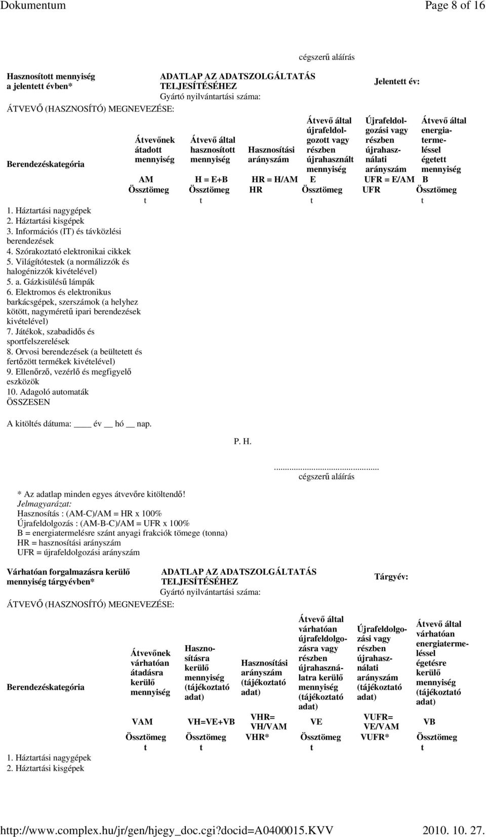 Ellenırzı, vezérlı és megfigyelı eszközök Átvevınek átadott Átvevı által hasznosított Hasznosítási arányszám Átvevı által újrafeldolgozott részben újrahasznált Jelentett év: Újrafeldolgozási részben