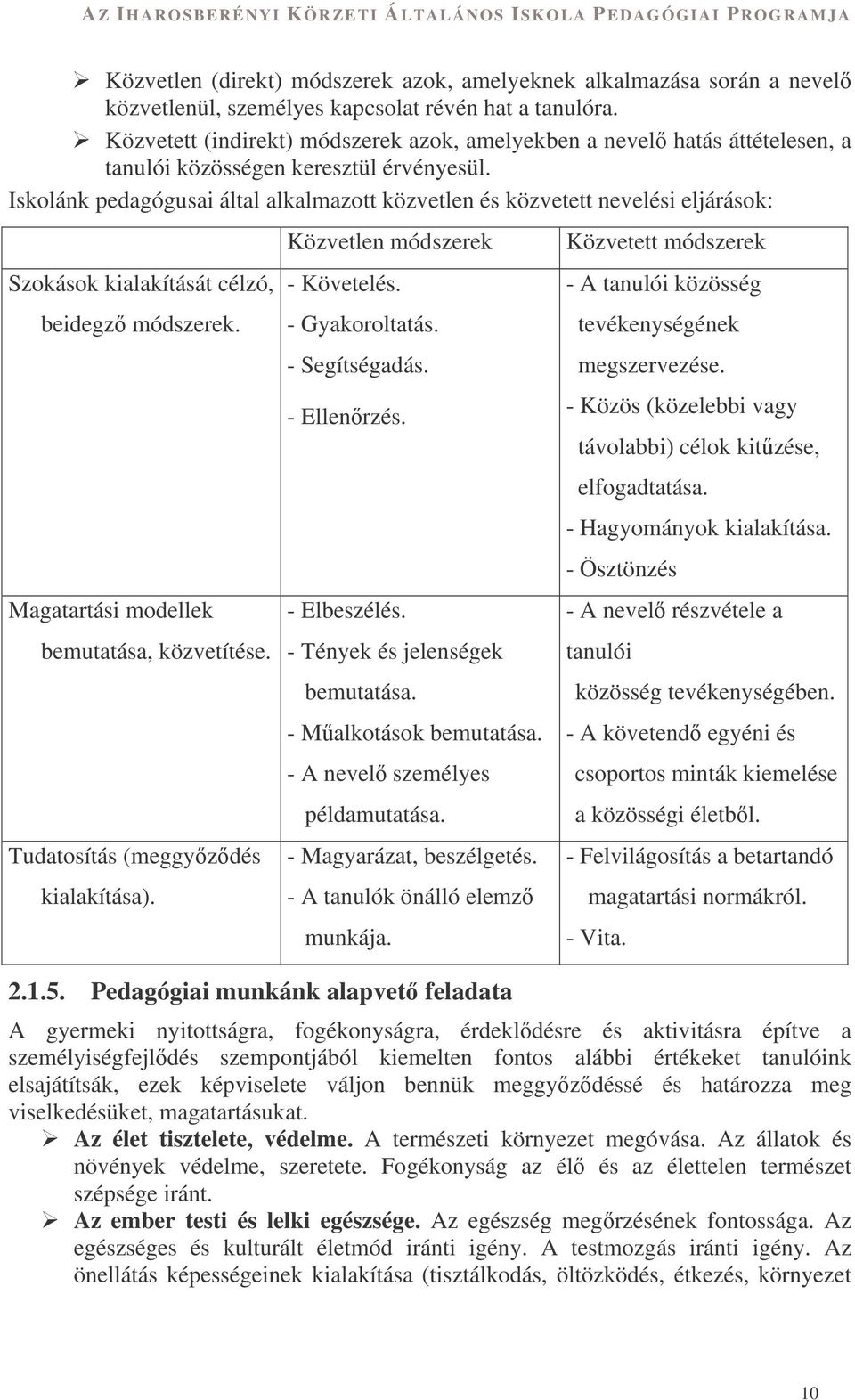 Iskolánk pedagógusai által alkalmazott közvetlen és közvetett nevelési eljárások: Szokások kialakítását célzó, beidegz módszerek. Magatartási modellek bemutatása, közvetítése.