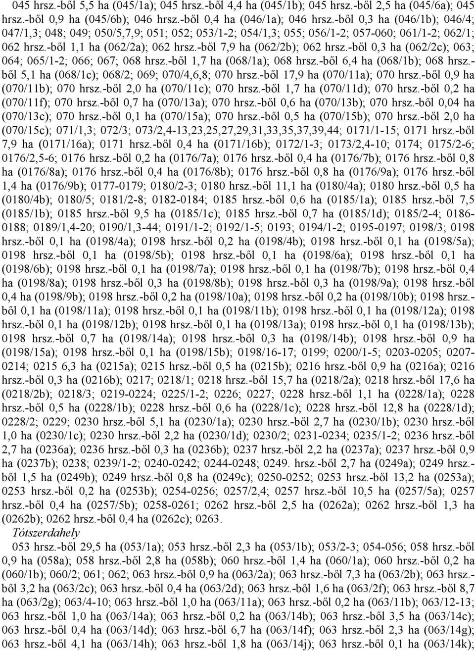 -ből 0,3 ha (062/2c); 063; 064; 065/1-2; 066; 067; 068 hrsz.-ből 1,7 ha (068/1a); 068 hrsz.-ből 6,4 ha (068/1b); 068 hrsz.- ből 5,1 ha (068/1c); 068/2; 069; 070/4,6,8; 070 hrsz.