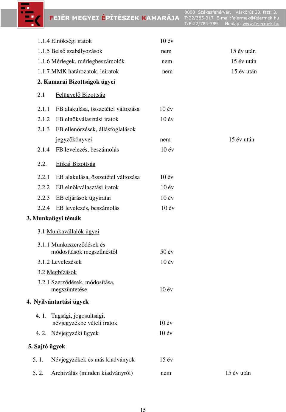 2. Etikai Bizottság 2.2.1 EB alakulása, összetétel változása 10 év 2.2.2 EB elnökválasztási iratok 10 év 2.2.3 EB eljárások ügyiratai 10 év 2.2.4 EB levelezés, beszámolás 10 év 3. Munkaügyi témák 3.