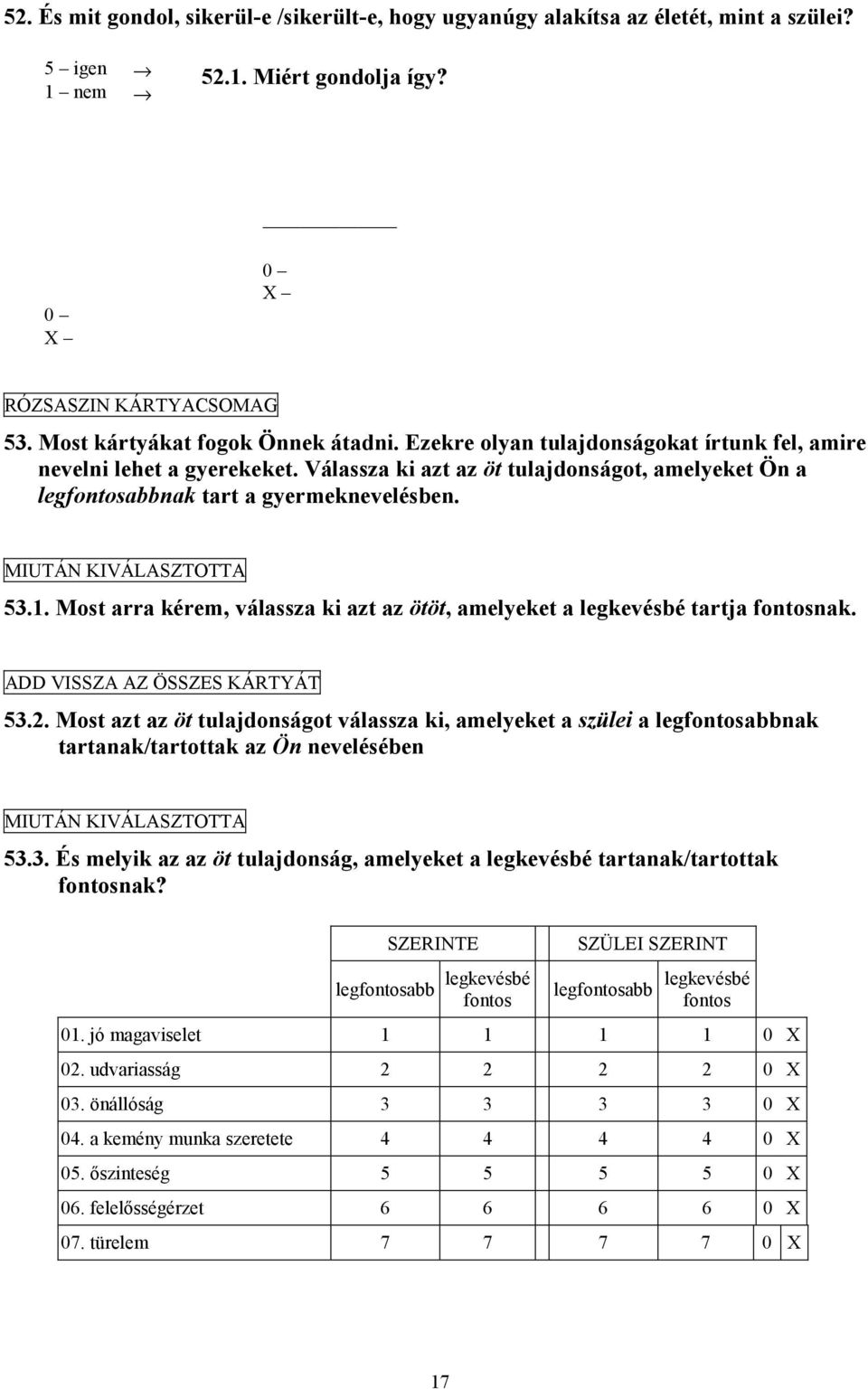 Most arra kérem, válassza ki azt az ötöt, amelyeket a legkevésbé tartja fontosnak. ADD VISSZA AZ ÖSSZES KÁRTYÁT 53.2.