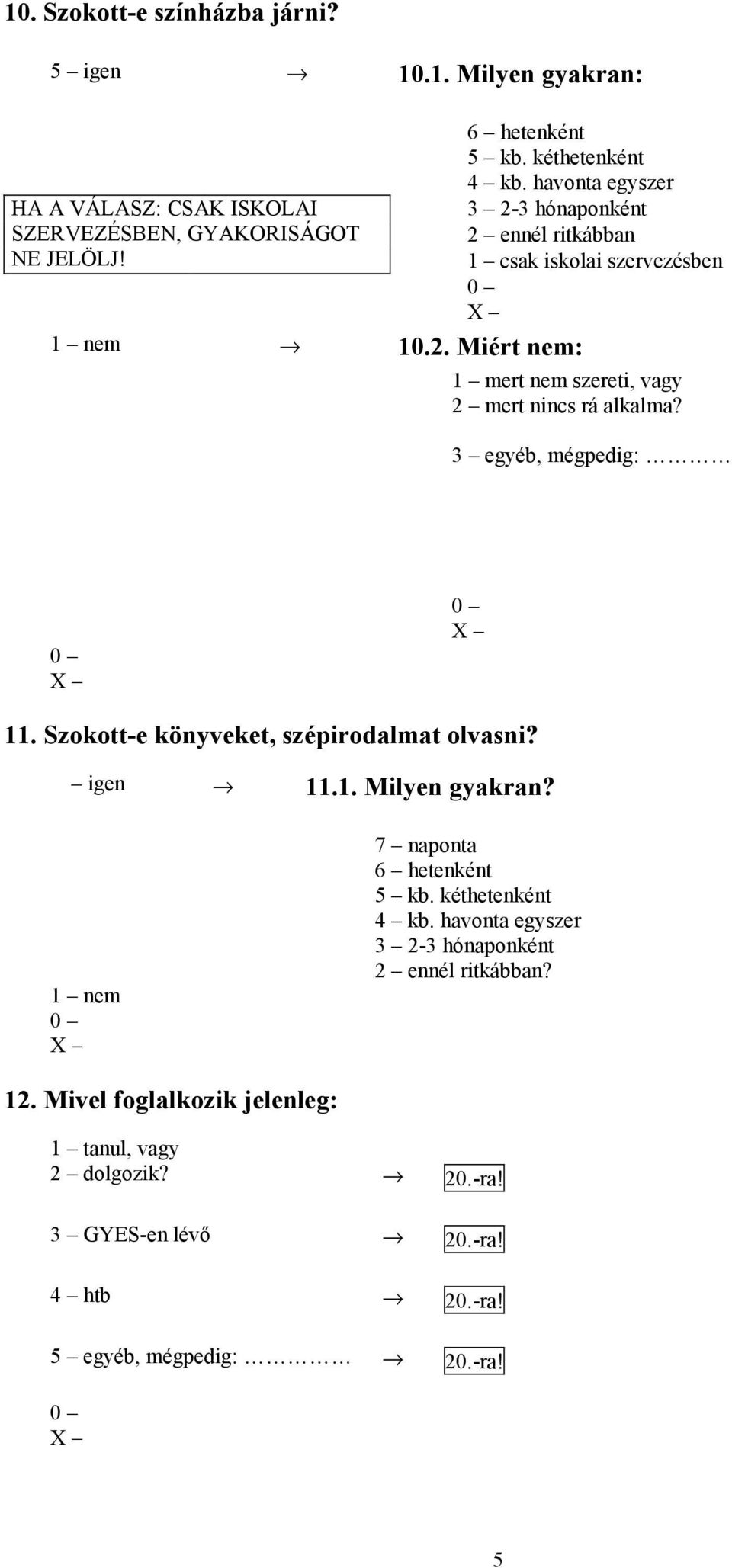 3 egyéb, mégpedig: 11. Szokott-e könyveket, szépirodalmat olvasni? igen 11.1. Milyen gyakran? 1 nem 7 naponta 6 hetenként 5 kb. kéthetenként 4 kb.