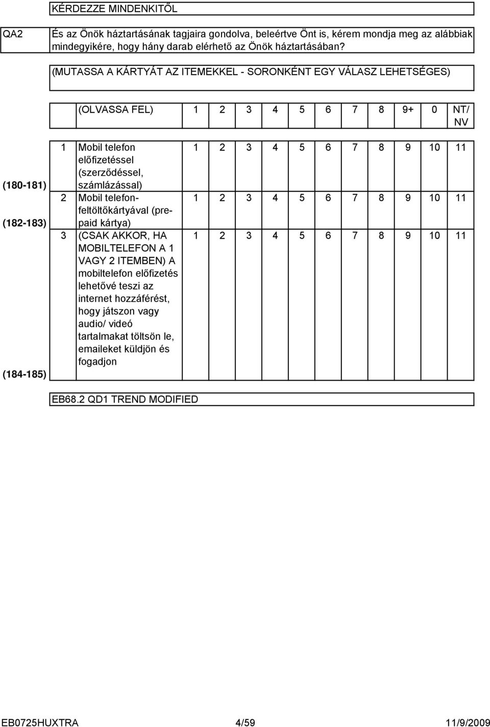 (MUTASSA A KÁRTYÁT AZ ITEMEKKEL - SORONKÉNT EGY VÁLASZ LEHETSÉGES) (OLVASSA FEL) 5 6 7 8 9+ 0 NT/ NV (80-8) (8-8) (8-85) Mobil telefon 5 6 7 8 9 0 előfizetéssel