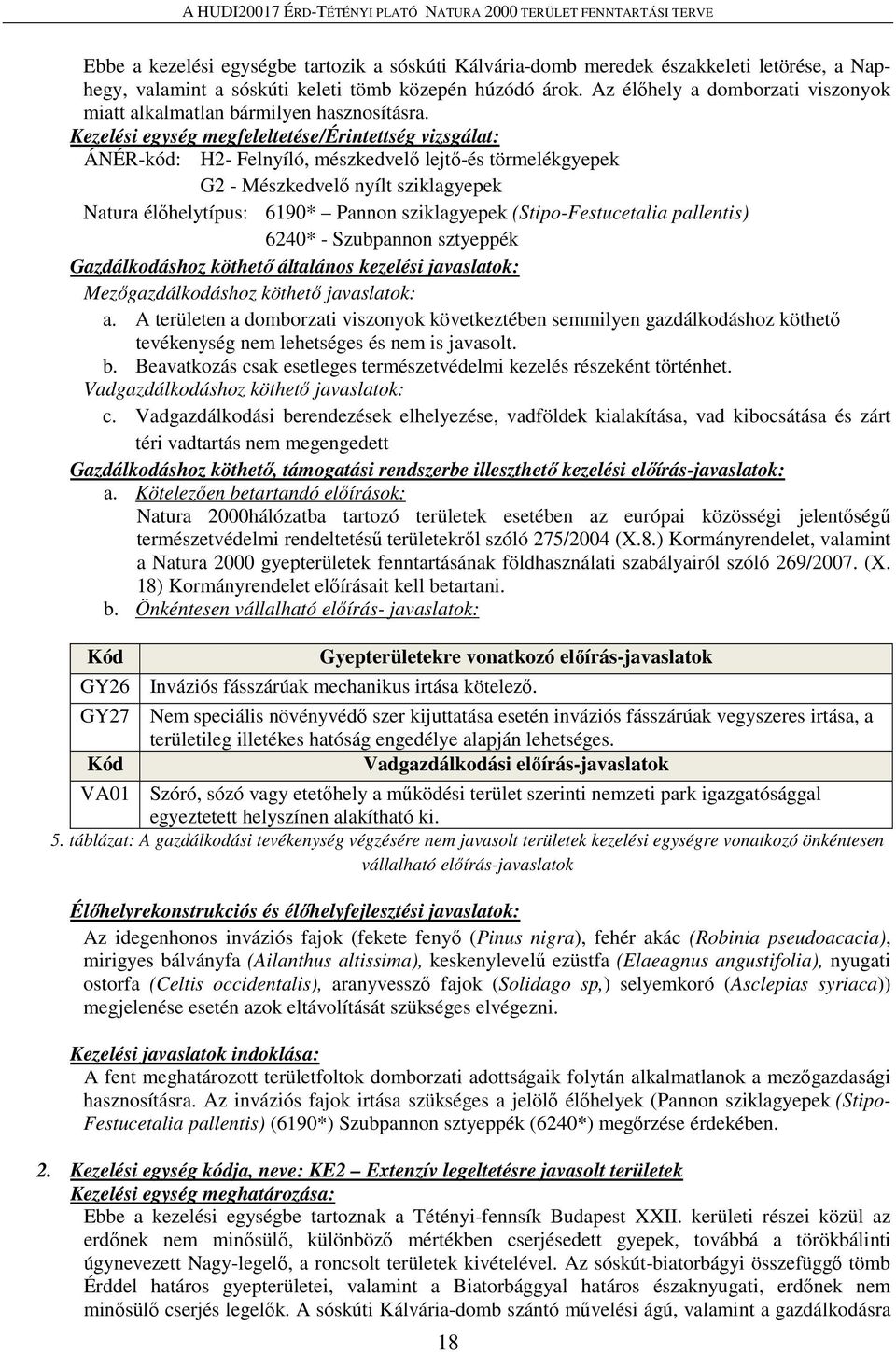 Kezelési egység megfeleltetése/érintettség vizsgálat: ÁNÉR-kód: H2- Felnyíló, mészkedvelő lejtő-és törmelékgyepek G2 - Mészkedvelő nyílt sziklagyepek Natura élőhelytípus: 6190* Pannon sziklagyepek