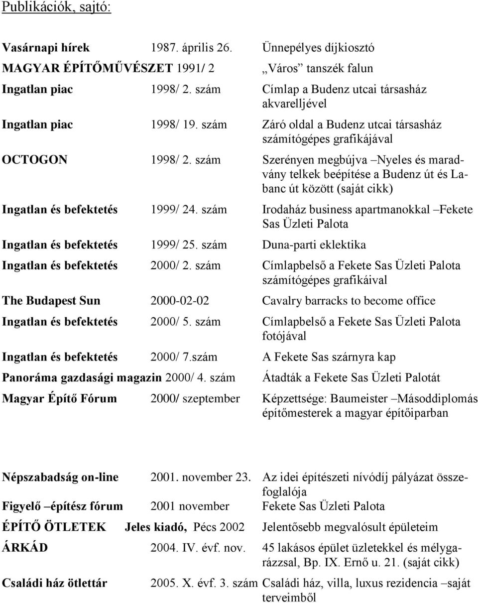 szám Szerényen megbújva Nyeles és maradvány telkek beépítése a Budenz út és Labanc út között (saját cikk) Ingatlan és befektetés 1999/ 24.