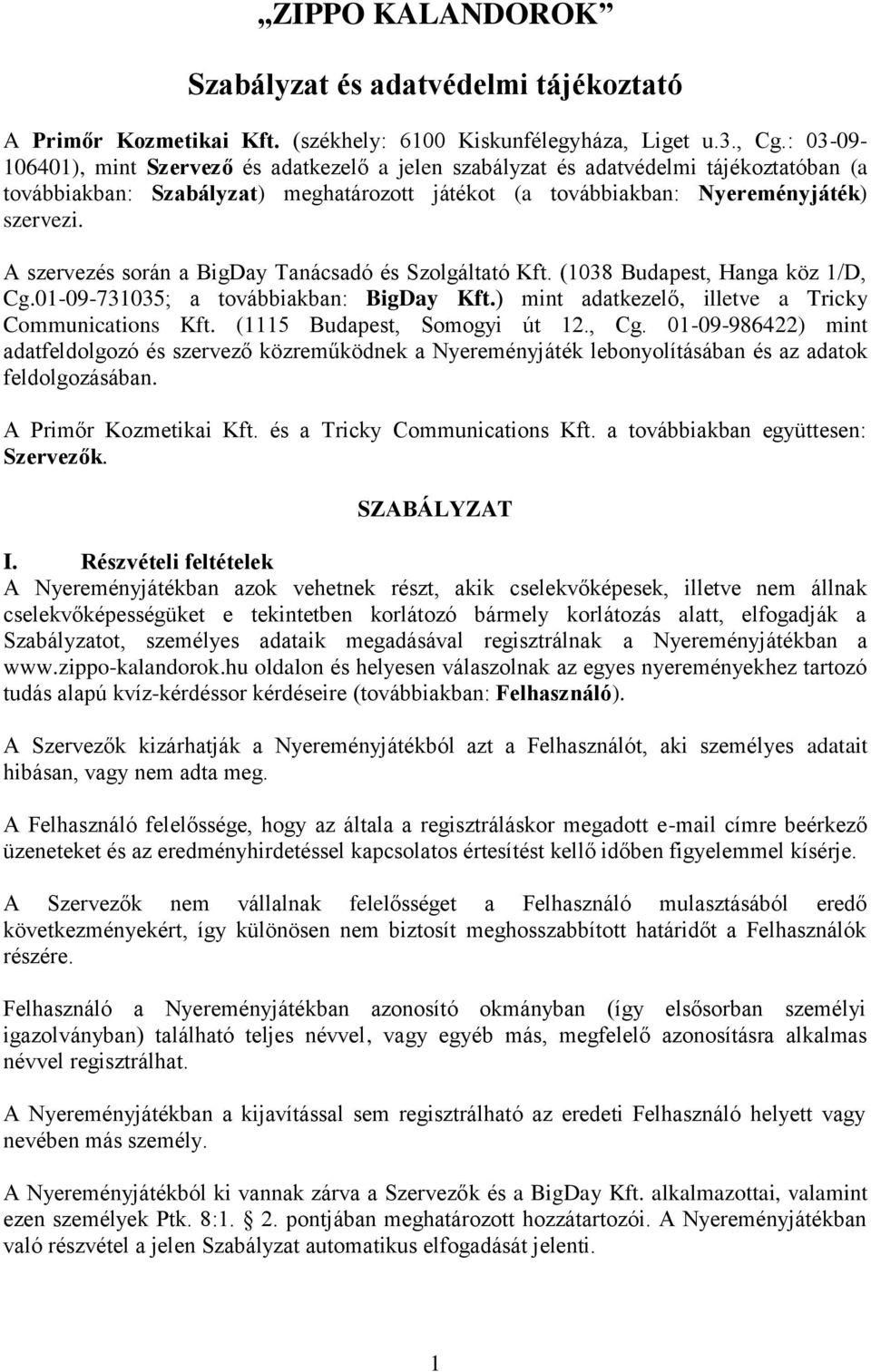 A szervezés során a BigDay Tanácsadó és Szolgáltató Kft. (1038 Budapest, Hanga köz 1/D, Cg.01-09-731035; a továbbiakban: BigDay Kft.) mint adatkezelő, illetve a Tricky Communications Kft.