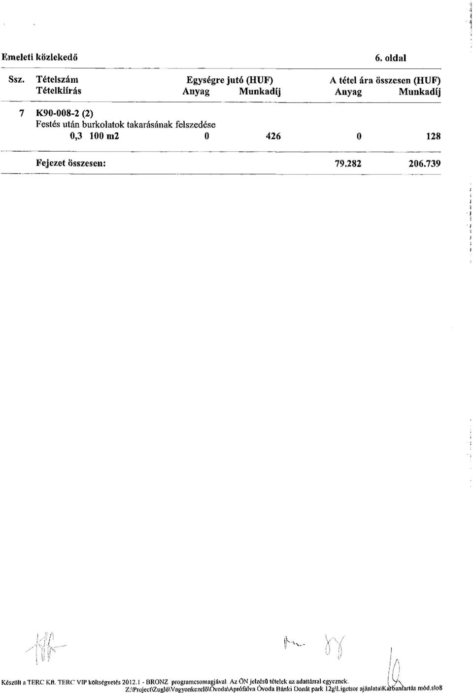 takarásának felszedése 0,3 100 m2 0 426 0 128 Fejezet összesen: 79.282 206.739 tr- Készllll a TERC Kft.
