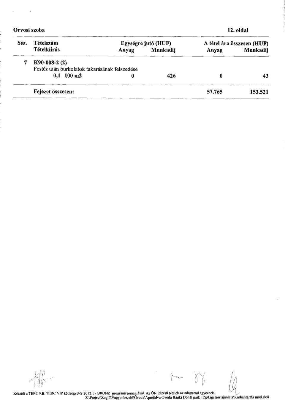 takarásának felszedése 0,1 100 m2 0 426 0 43 Fejezet Összesen: 57.765 153.521 Készolt a TERC Kft.
