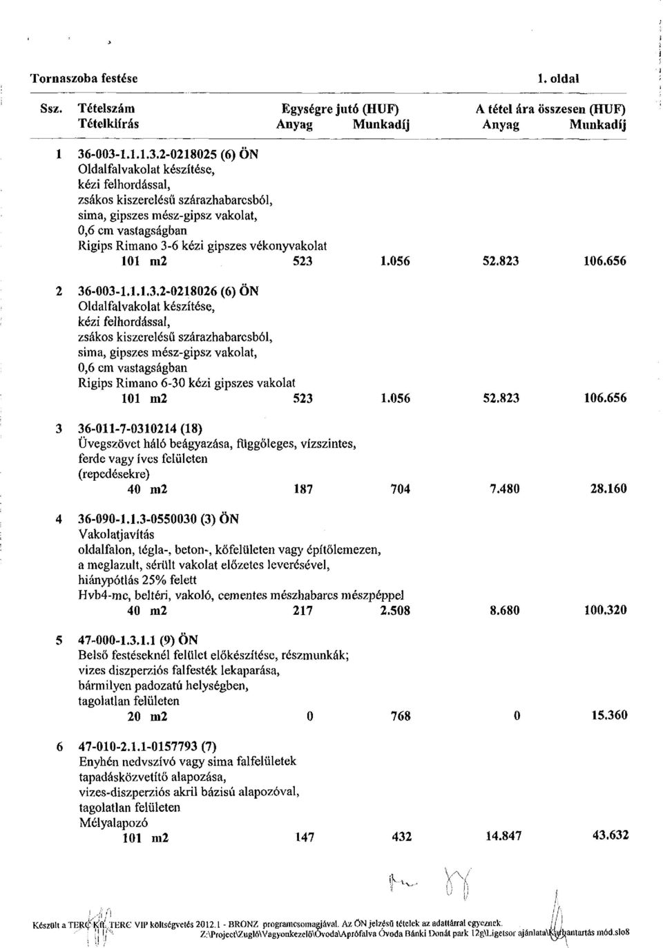 gipszes vakolat 101 m2 523 3 36-011-7-0310214 (18) Üvegszövet háló beágyazása, függőleges, vízszintes, ferde vagy íves felületen (repedésekre) 40 m2 187 1.056 52.823 106.656 1.056 52.823 106.656 704 7.