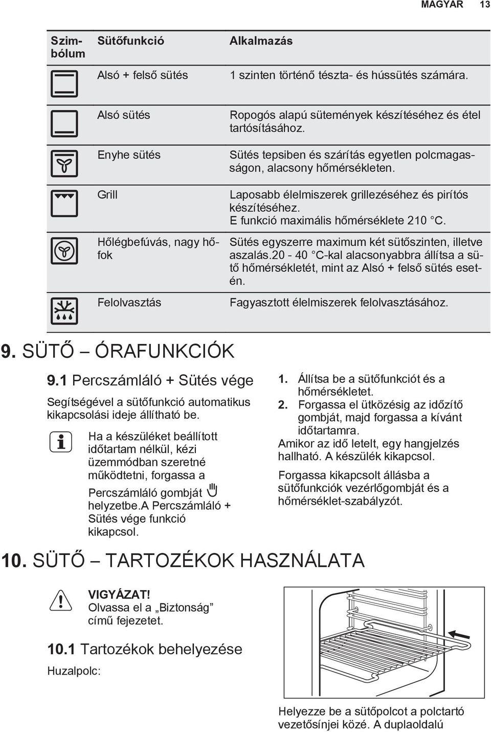 Sütés tepsiben és szárítás egyetlen polcmagasságon, alacsony hőmérsékleten. Laposabb élelmiszerek grillezéséhez és pirítós készítéséhez. E funkció maximális hőmérséklete 210 C.