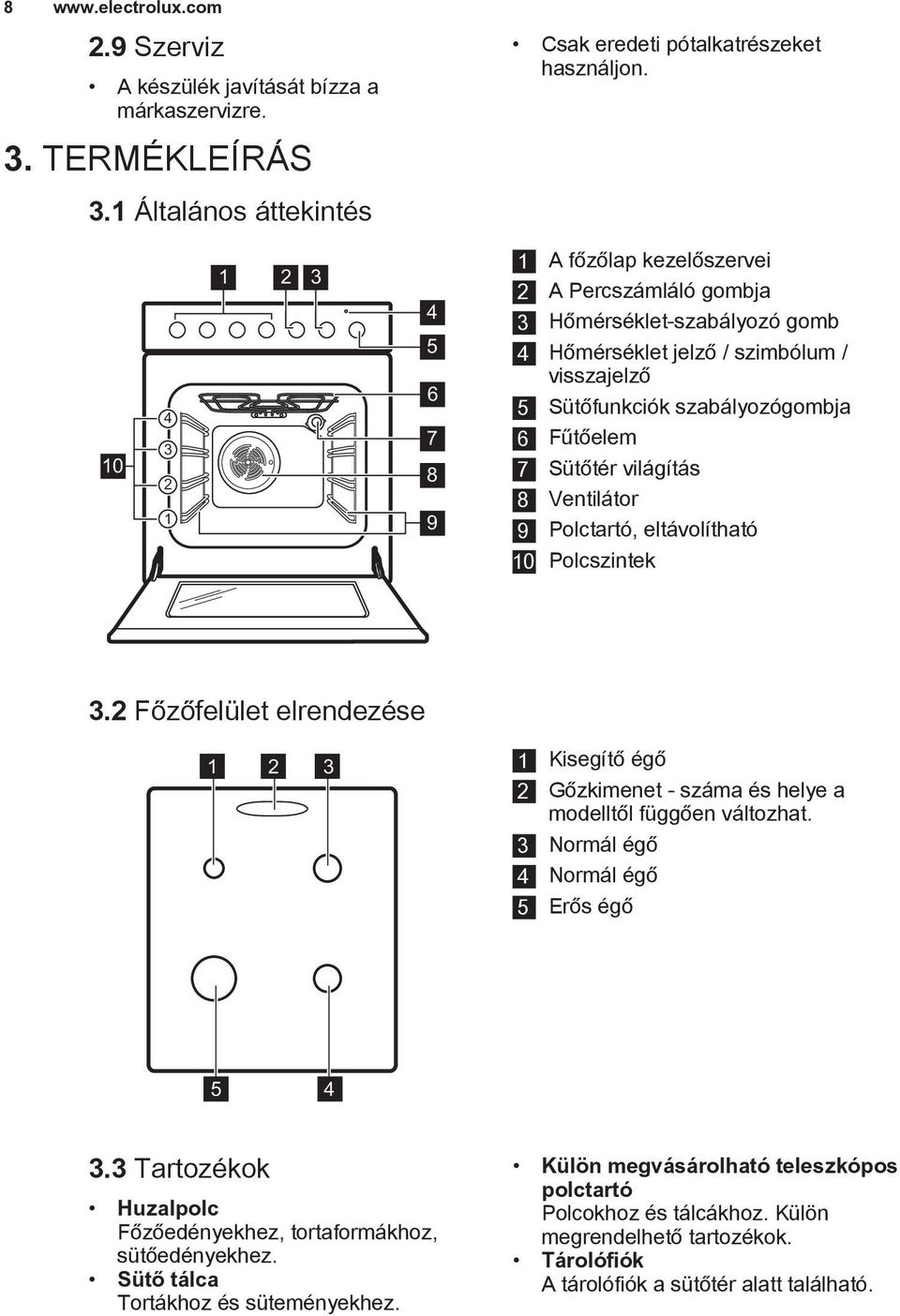 Sütőtér világítás 8 Ventilátor 9 Polctartó, eltávolítható 10 Polcszintek 3.2 Főzőfelület elrendezése 1 2 3 1 Kisegítő égő 2 Gőzkimenet - száma és helye a modelltől függően változhat.