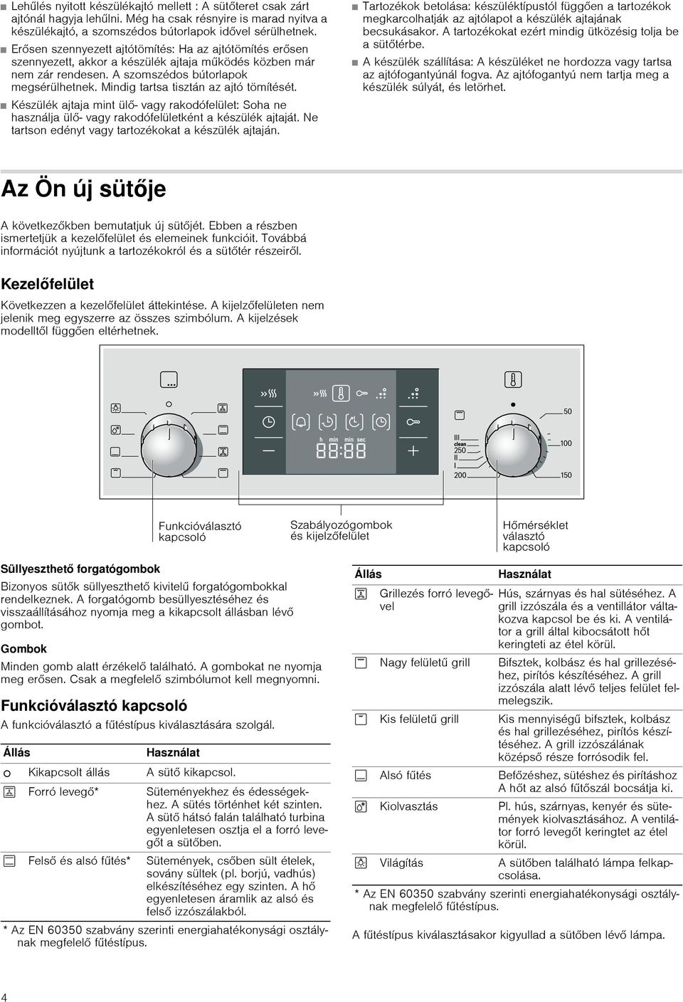 Mindig tartsa tisztán az ajtó tömítését. Készülék ajtaja mint ülő vagy rakodófelület: Soha ne használja ülő- vagy rakodófelületként a készülék ajtaját.