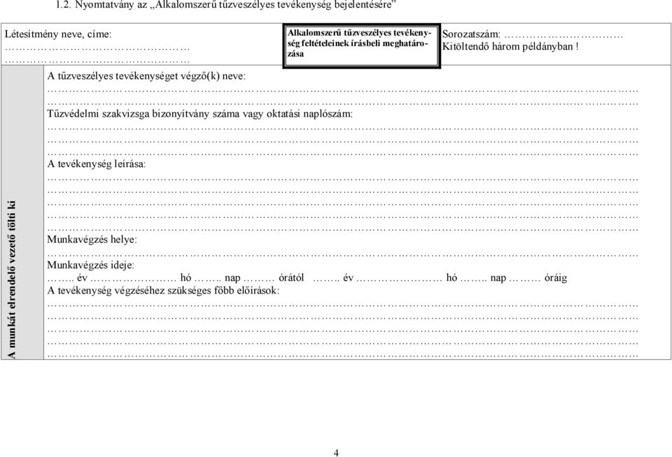 A tűzveszélyes tevékenységet végző(k) neve: Tűzvédelmi szakvizsga bizonyítvány száma vagy oktatási naplószám: A tevékenység