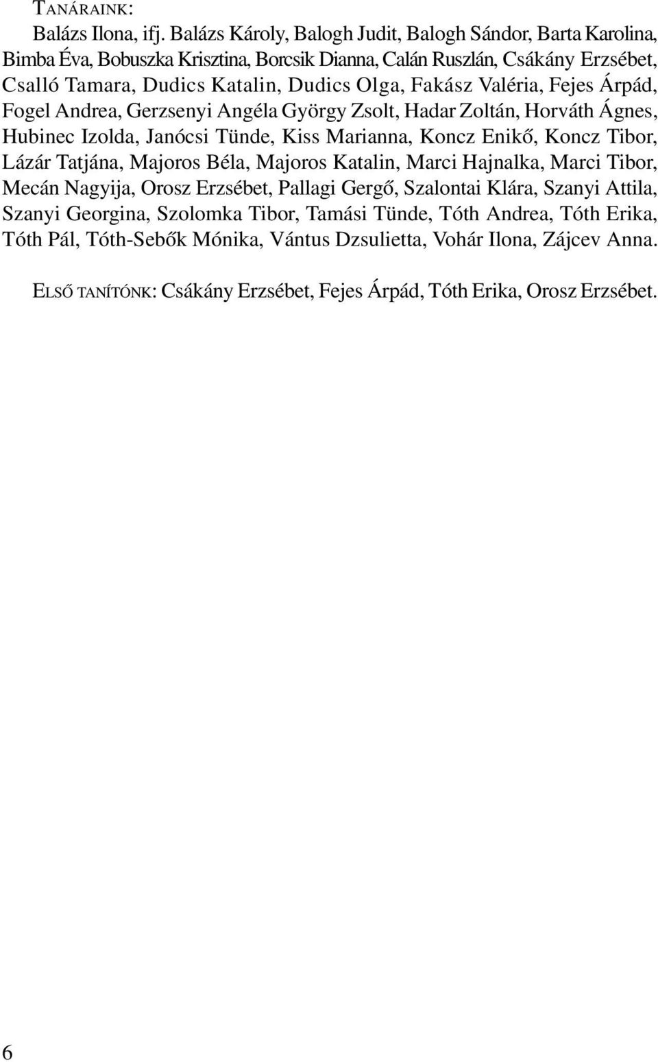 Valéria, Fejes Árpád, Fogel Andrea, Gerzsenyi Angéla György Zsolt, Hadar Zoltán, Horváth Ágnes, Hubinec Izolda, Janócsi Tünde, Kiss Marianna, Koncz Enikõ, Koncz Tibor, Lázár Tatjána, Majoros