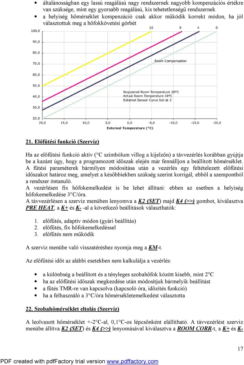 Előfűtési funkció (Szerviz) Ha az előfűtési funkció aktív ( C szimbólum villog a kijelzőn) a távvezérlés korábban gyújtja be a kazánt úgy, hogy a programozott időszak elején már fennálljon a