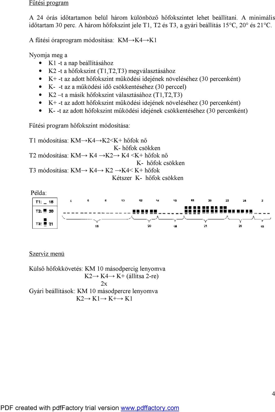 K- -t az a működési idő csökkentéséhez (30 perccel) K2 t a másik hőfokszint választásához (T1,T2,T3) K+ -t az adott hőfokszint működési idejének növeléséhez (30 percenként) K- -t az adott hőfokszint